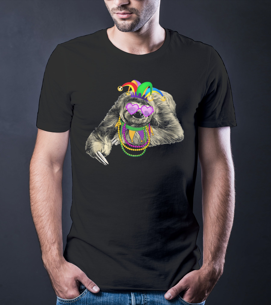 Funny Mardi Gras Jester Sloth With Beads And Mask T-Shirt