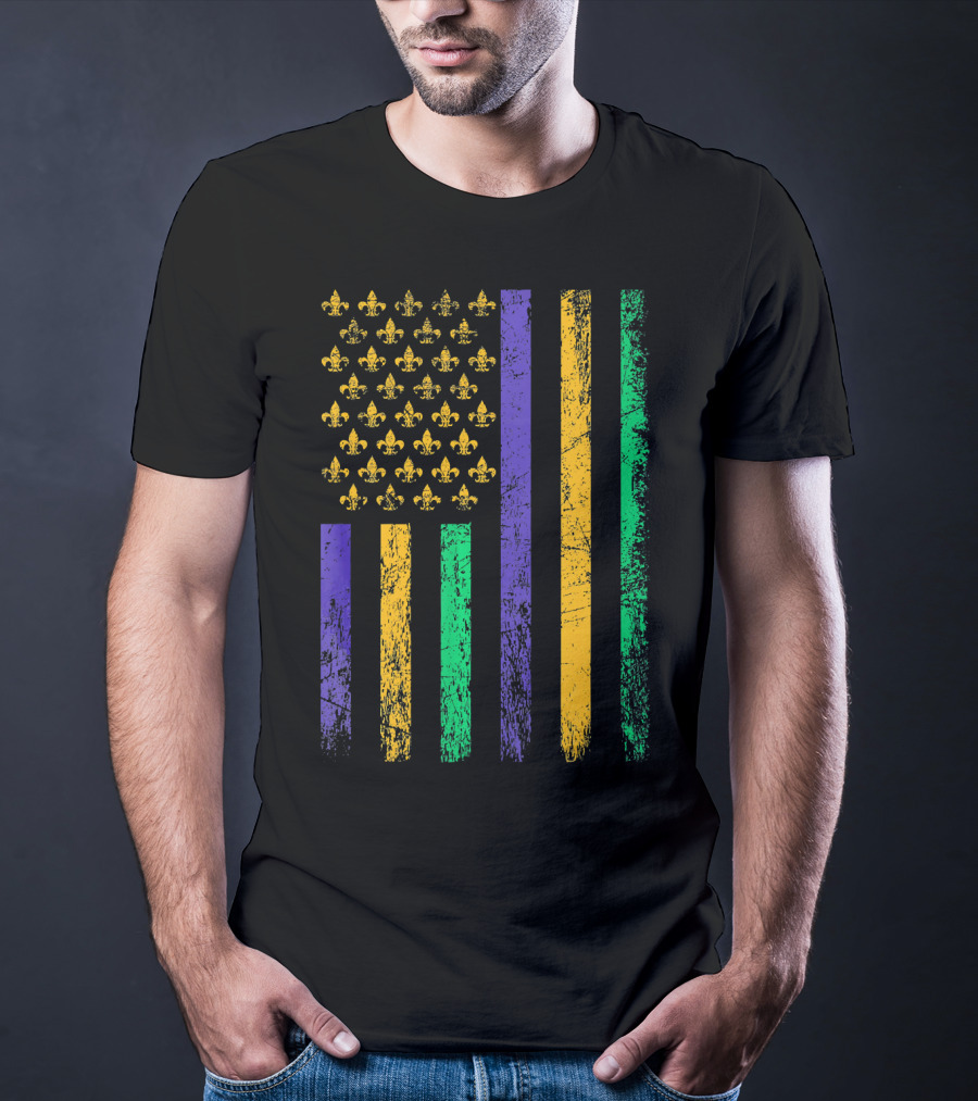 Vintage USA Flag Mardi Gras Fleur De Lis Stripes T-Shirt