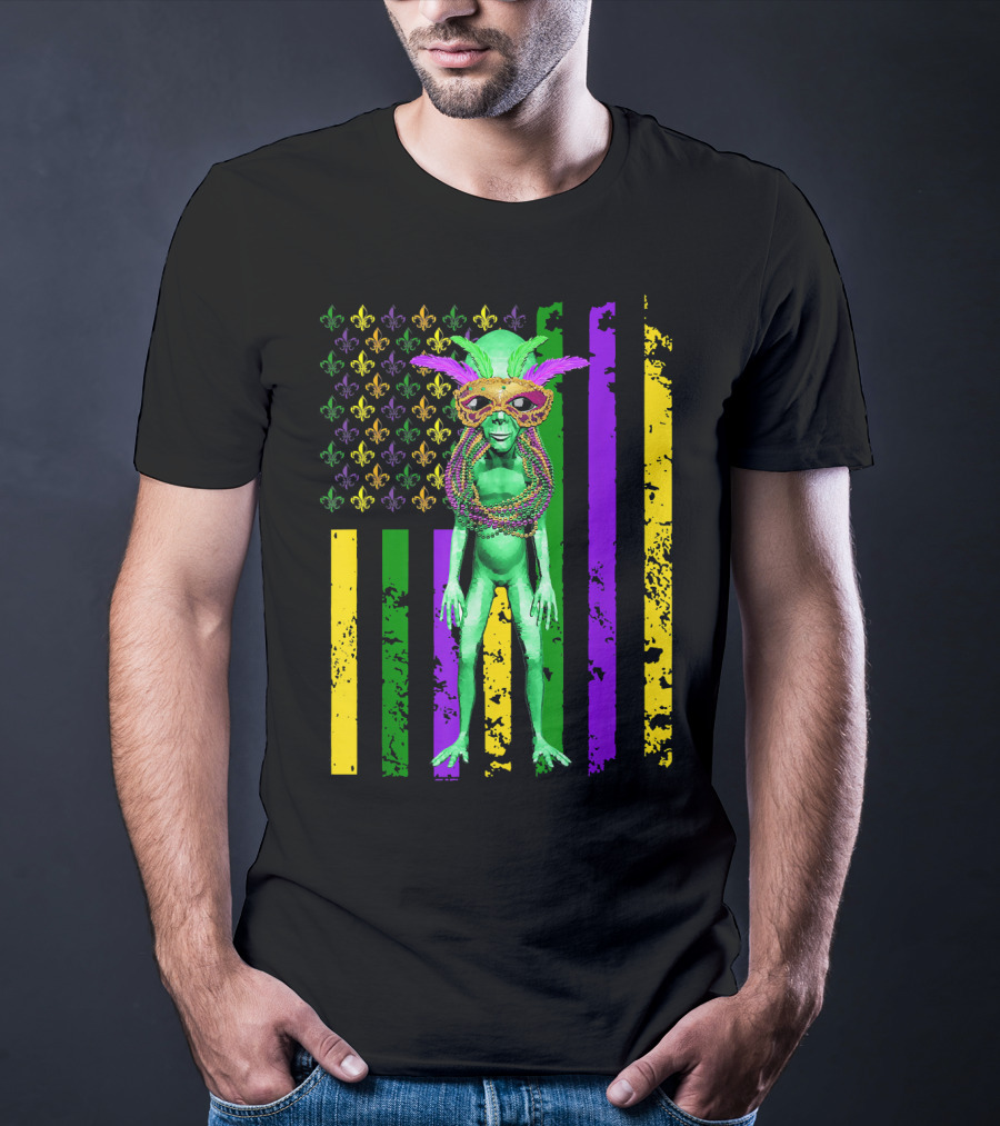 Mardi Gras Alien With Beads And Mask On American Flag T-Shirt