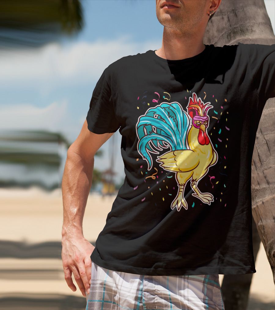 Chicken Mardi Gras Carnival Rooster With Colorful Feathers And Confetti T-Shirt
