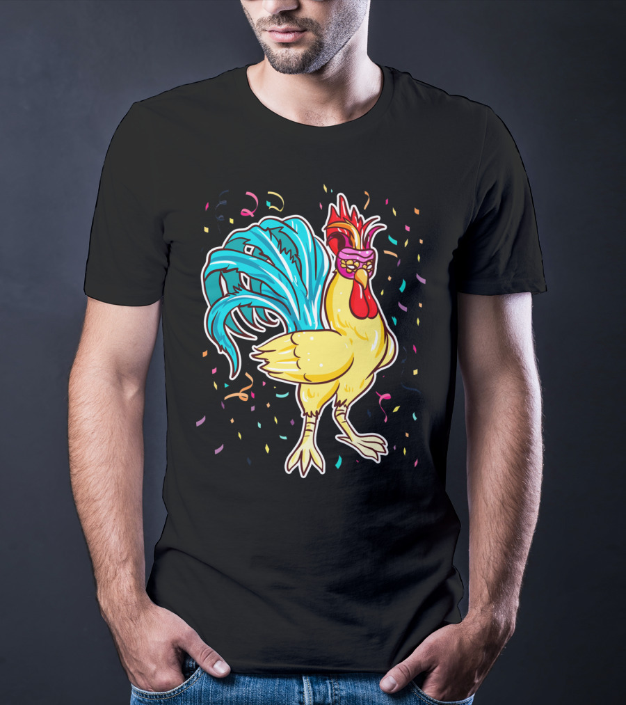 Chicken Mardi Gras Carnival Rooster With Colorful Feathers And Confetti T-Shirt