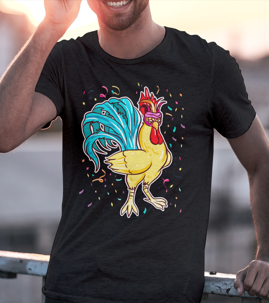 Chicken Mardi Gras Carnival Rooster With Colorful Feathers And Confetti T-Shirt
