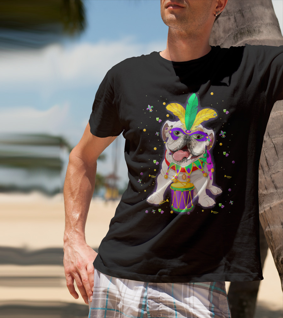 Mardi Gras Bulldog With Mask Beads And Drum T-Shirt
