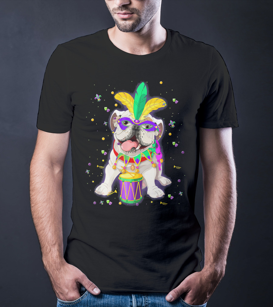 Mardi Gras Bulldog With Mask Beads And Drum T-Shirt