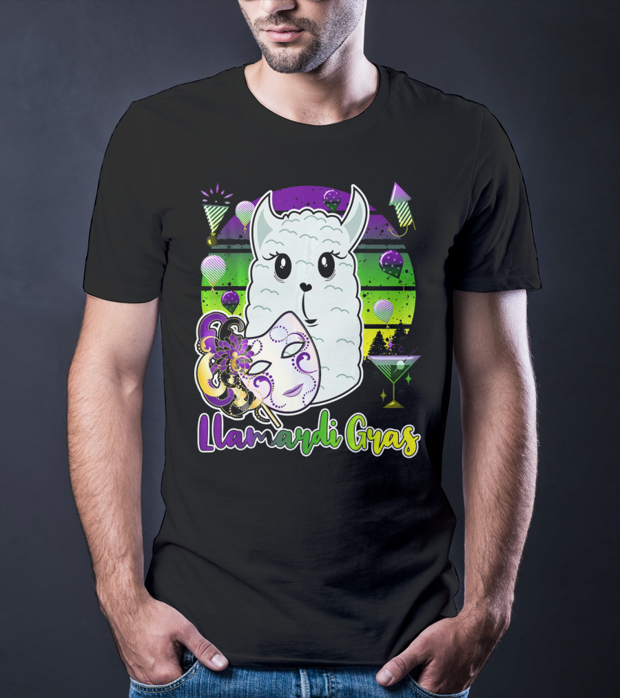 Llamardi Gras Mardi Gras Carnival Mask And Llama With Cocktail And Party Elements T-Shirt