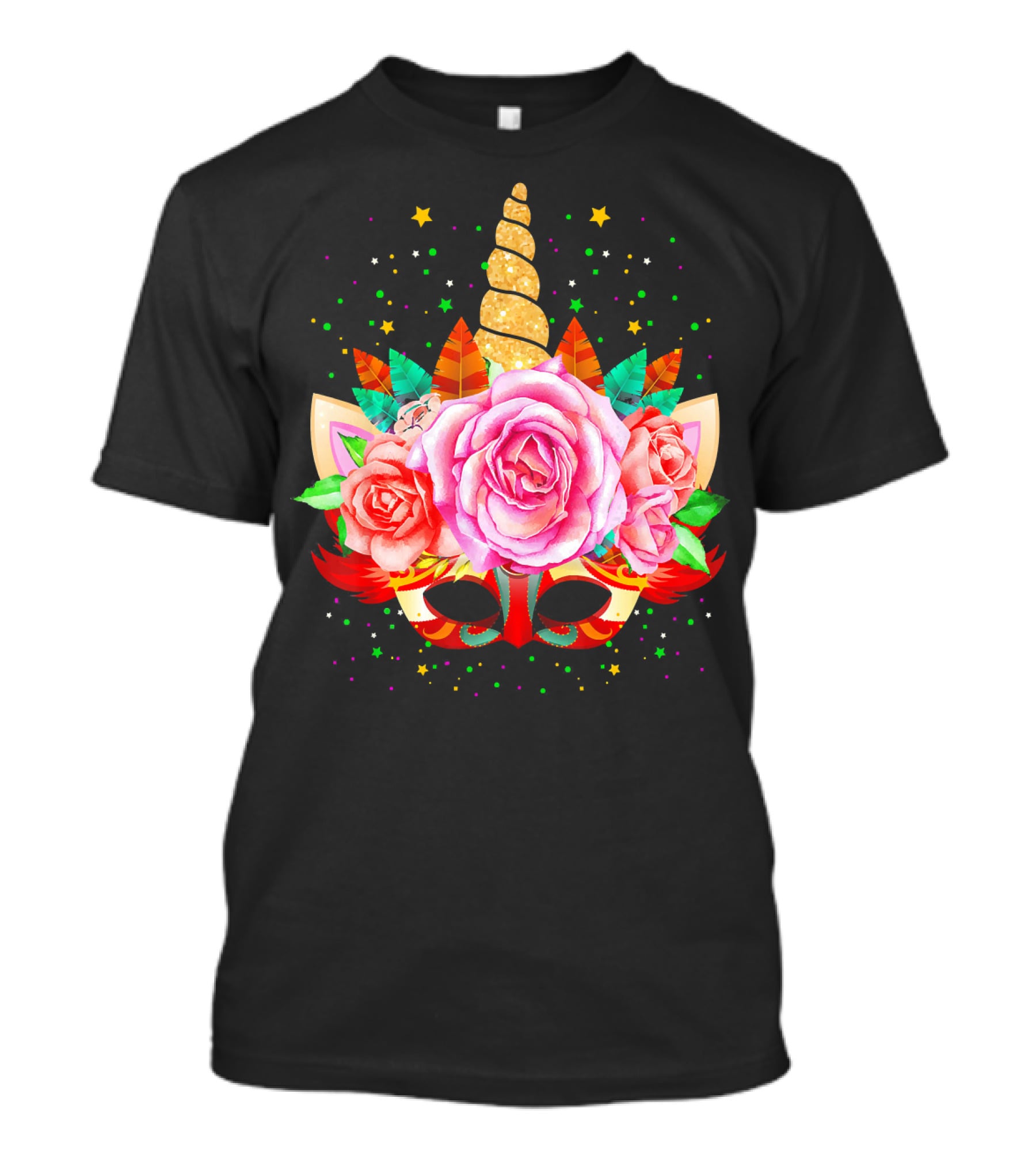 Mardi Gras Unicorn Mask With Roses And Feathers T-Shirt