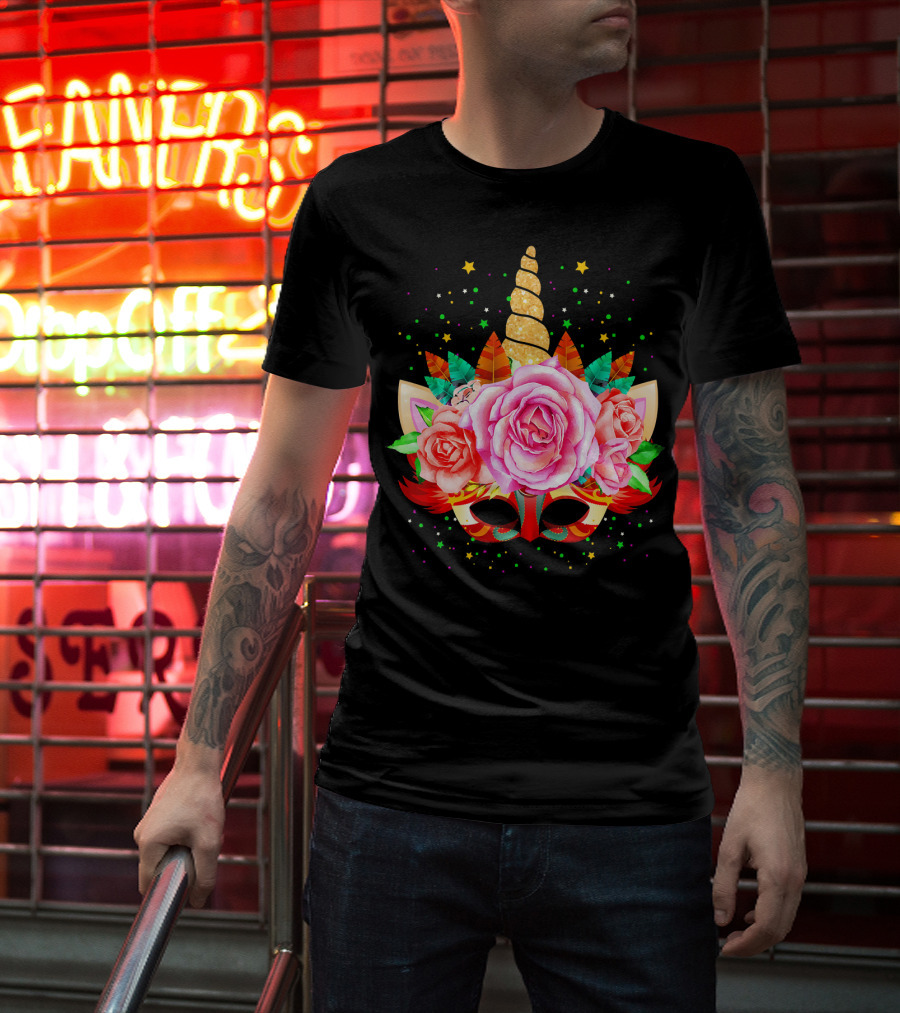 Mardi Gras Unicorn Mask With Roses And Feathers T-Shirt