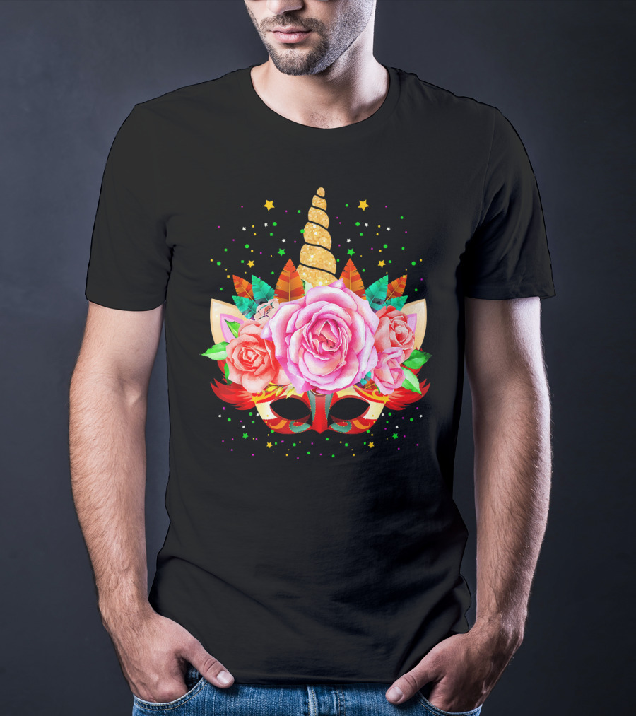 Mardi Gras Unicorn Mask With Roses And Feathers T-Shirt
