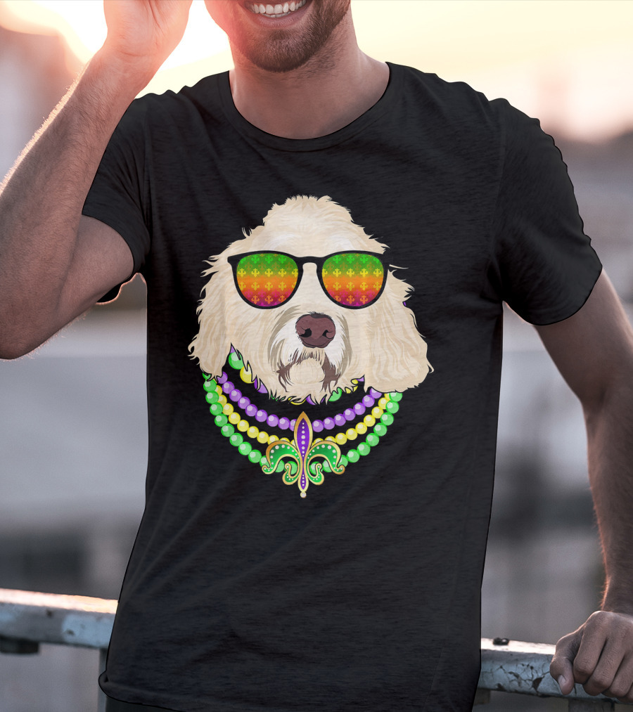 Goldendoodle In Beads And Shades Mardi Gras Fleur-de-Lis T-Shirt