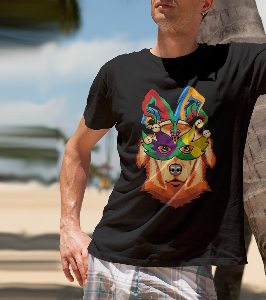 Golden Retriever Jester Mask Mardi Gras Beads Fleur-de-Lis T-Shirt