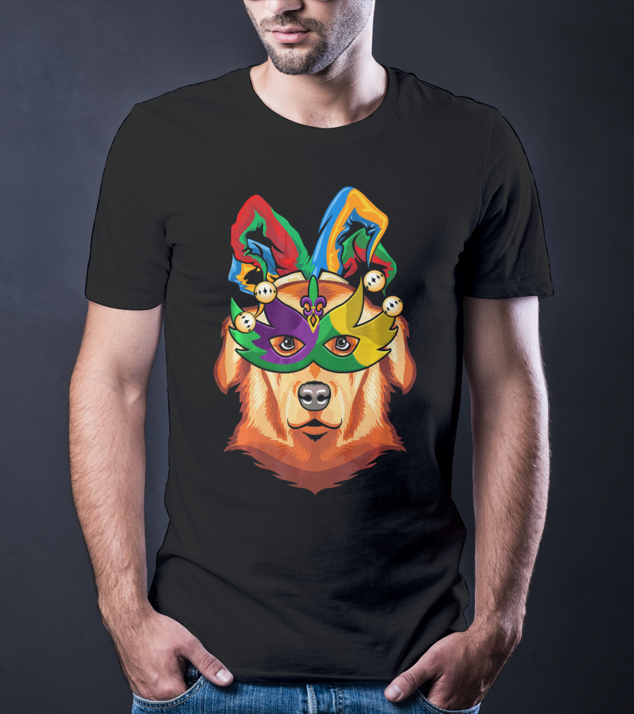 Golden Retriever Jester Mask Mardi Gras Beads Fleur-de-Lis T-Shirt