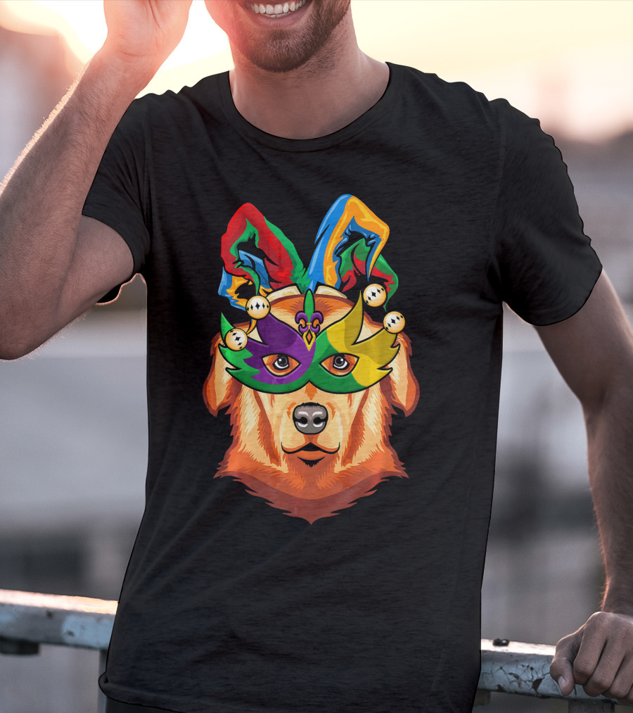 Golden Retriever Jester Mask Mardi Gras Beads Fleur-de-Lis T-Shirt