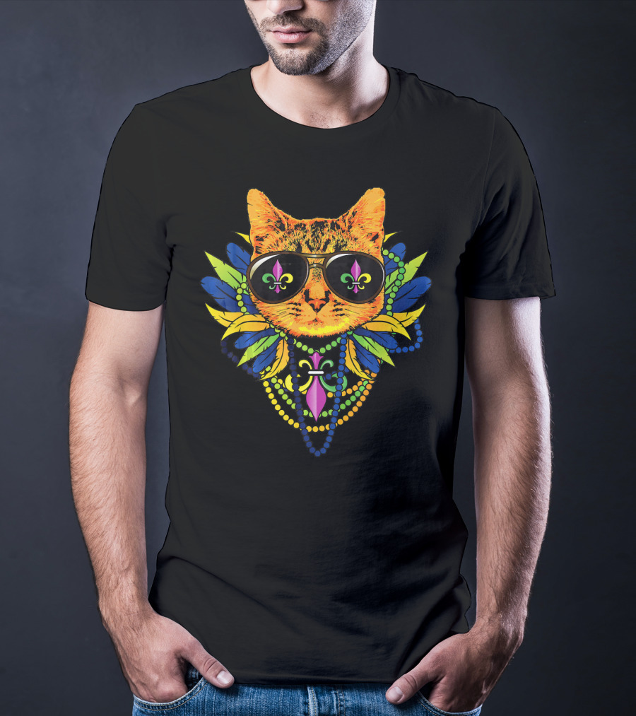 Mardi Gras Cat Cool Fat Tuesday Kittens Fleur De Lis Sunglasses Beads T-Shirt