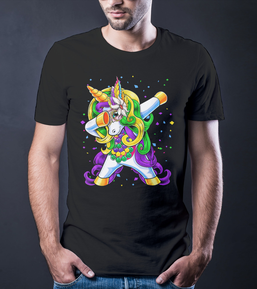 Dabbing Unicorn Mardi Gras Beads With Colorful Confetti T-Shirt