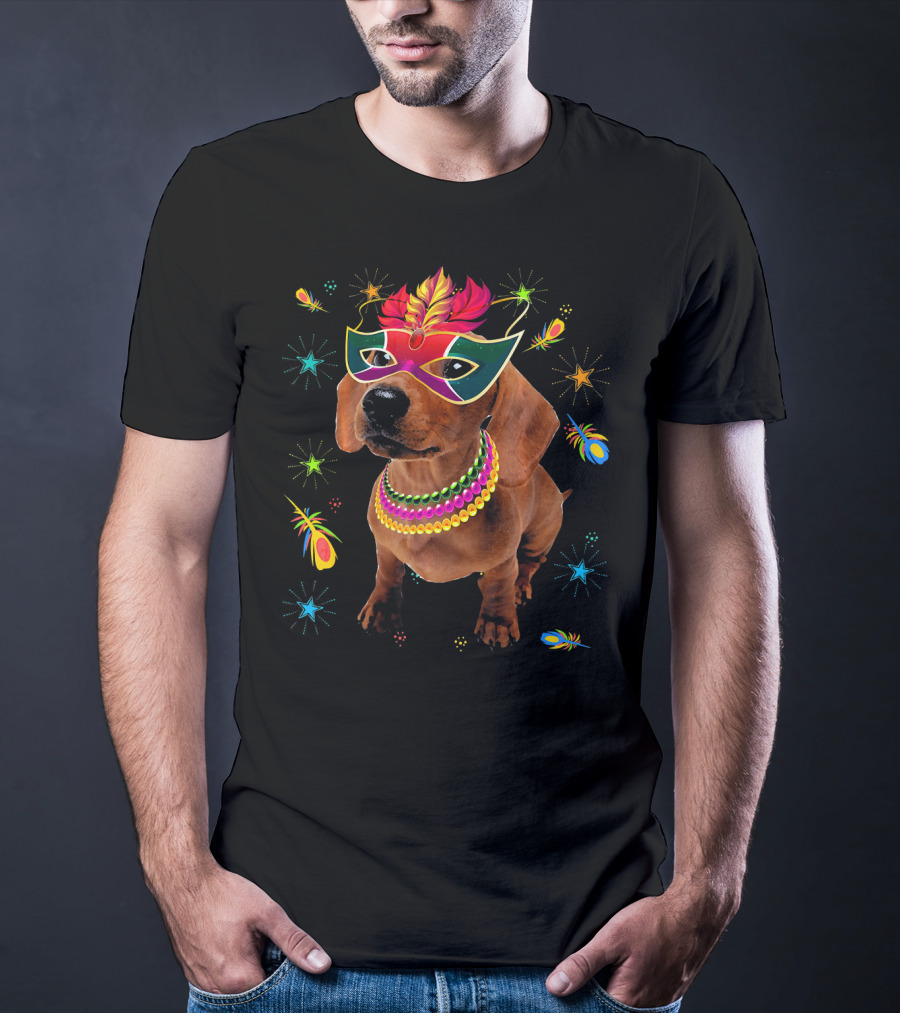 Dachshund Wearing Mardi Gras Mask And Colorful Beads Surrounded By Festive Stars And Feathers T-Shirt
