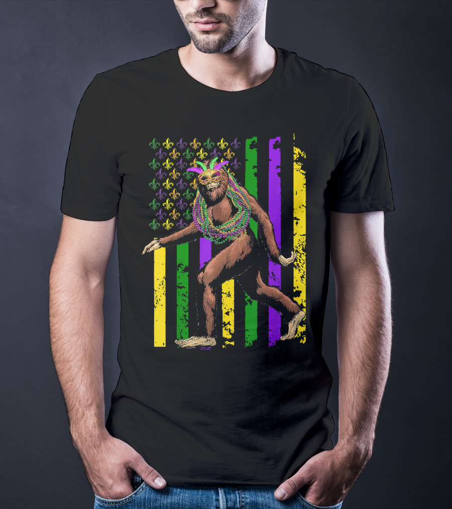 Bigfoot Mardi Gras Beads Fleur-de-Lis American Flag Stripes T-Shirt