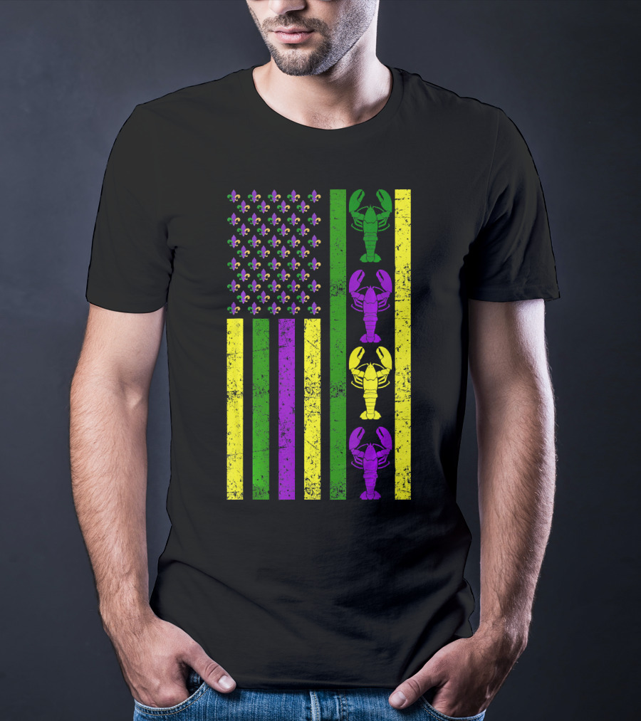 US Mardi Gras New Orleans Crawfish Fleur-de-Lis Flag T-Shirt