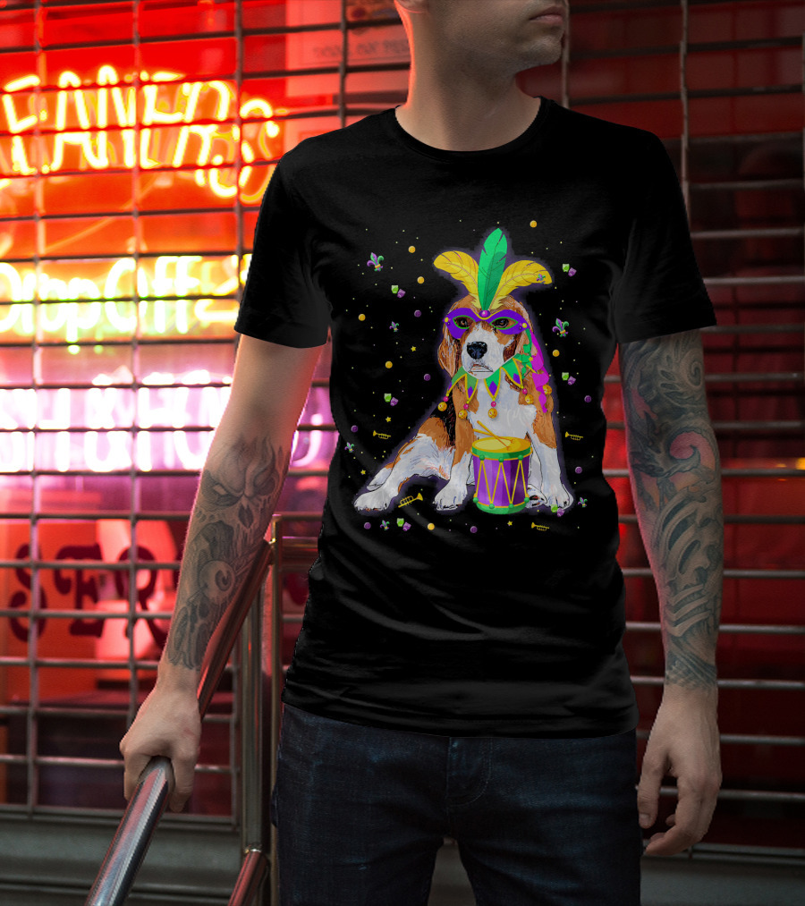Mardi Gras Beagle In Mask With Feathers And Drum T-Shirt