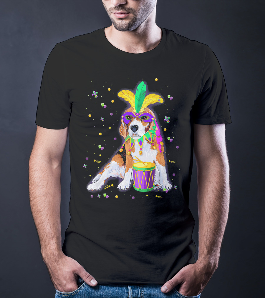 Mardi Gras Beagle In Mask With Feathers And Drum T-Shirt