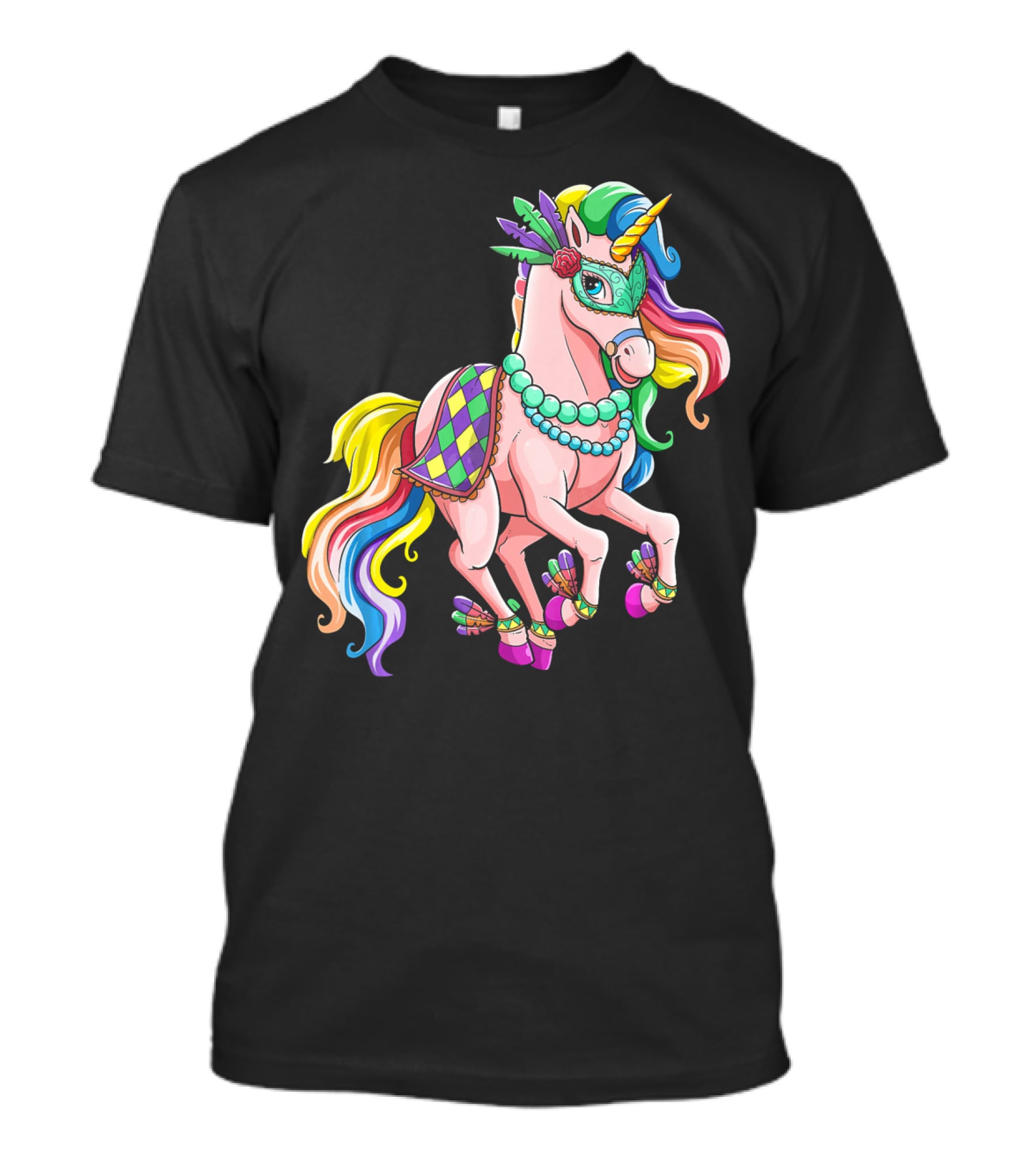 Kids Mardi Gras Unicorn With Colorful Mask And Beads T-Shirt