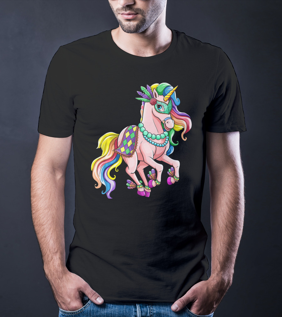 Kids Mardi Gras Unicorn With Colorful Mask And Beads T-Shirt