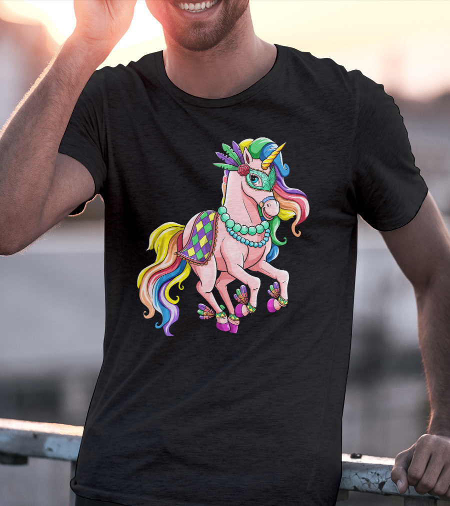 Kids Mardi Gras Unicorn With Colorful Mask And Beads T-Shirt