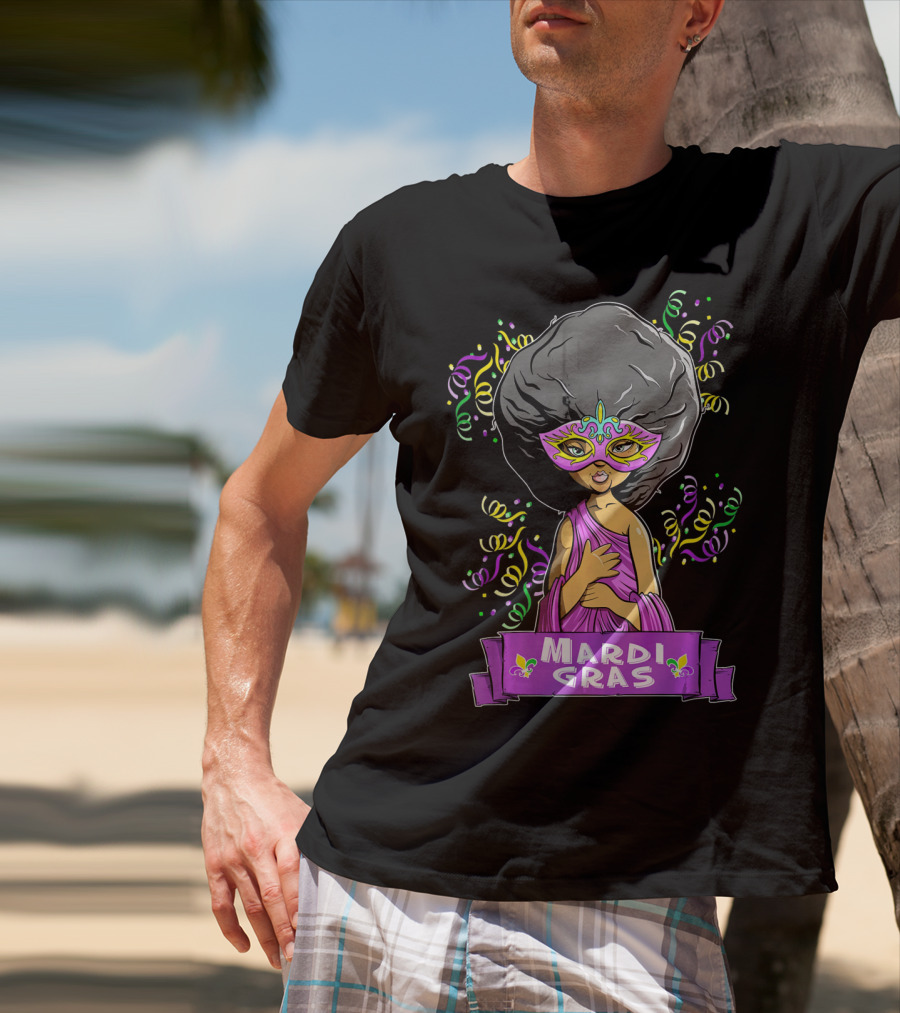 Mardi Gras Woman In Mask With Afro And Purple Dress T-Shirt