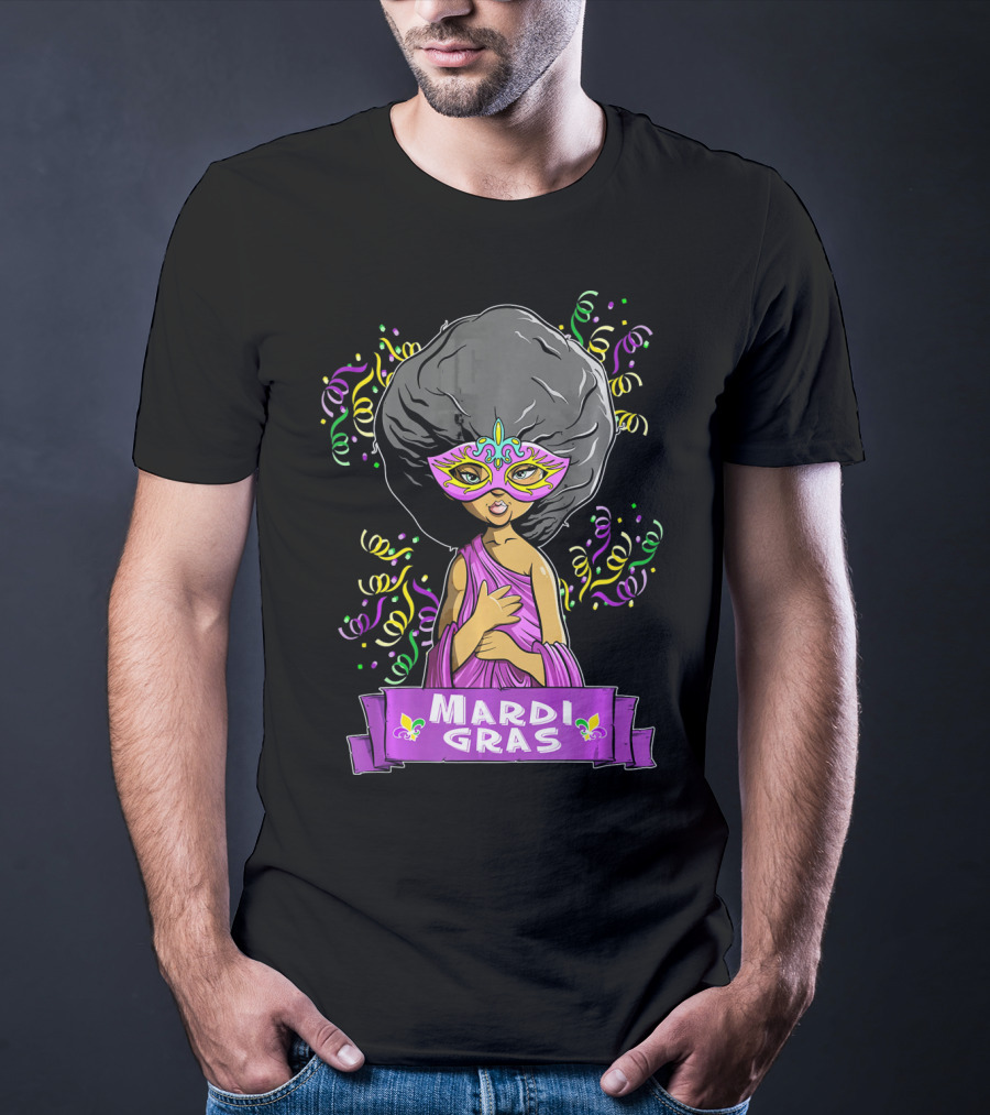 Mardi Gras Woman In Mask With Afro And Purple Dress T-Shirt