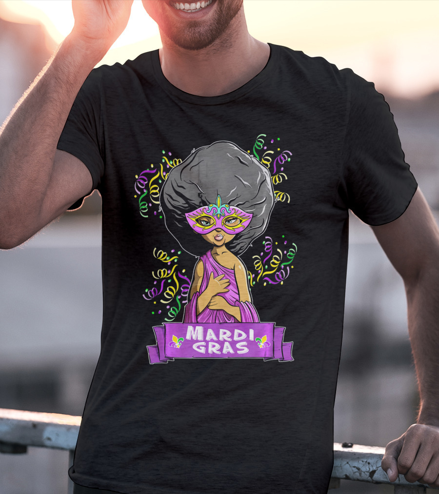Mardi Gras Woman In Mask With Afro And Purple Dress T-Shirt