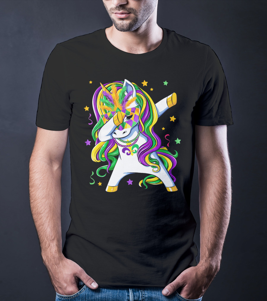 Dabbing Unicorn Mardi Gras Masquerade Beads Costume Carnival T-Shirt