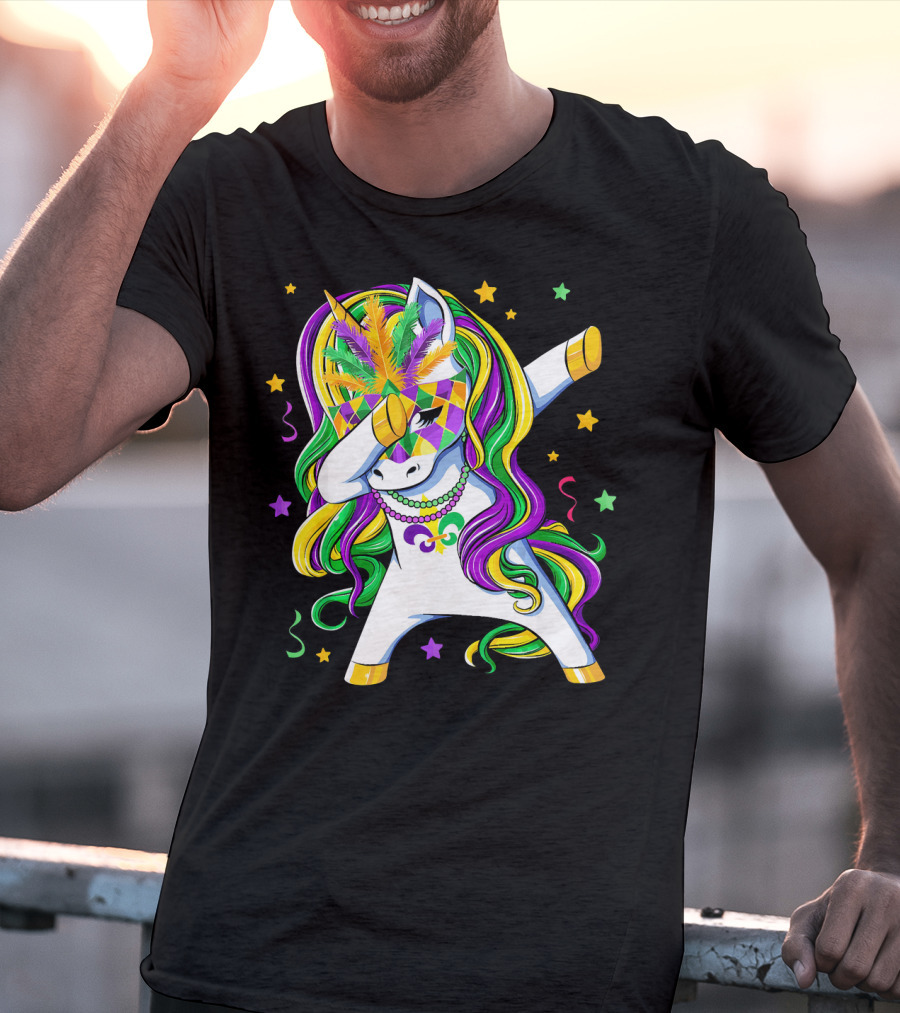 Dabbing Unicorn Mardi Gras Masquerade Beads Costume Carnival T-Shirt