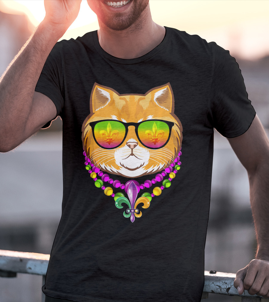Mardi Gras Cat With Beads And Fleur-de-Lis Sunglasses T-Shirt