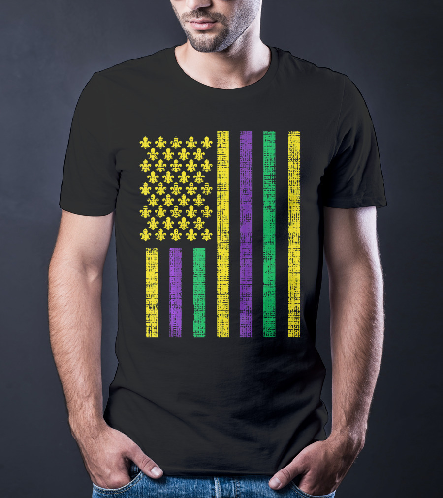Purple Green Yellow Fleur-de-Lis US Flag Jester T-Shirt