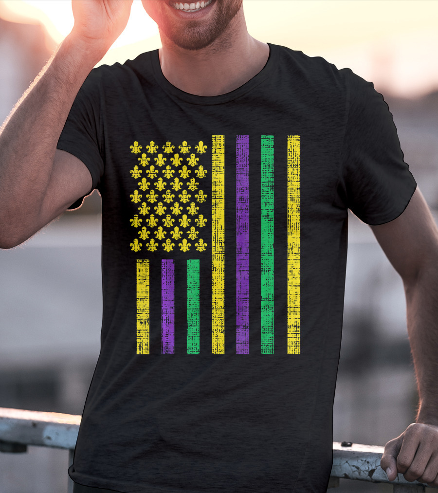 Purple Green Yellow Fleur-de-Lis US Flag Jester T-Shirt