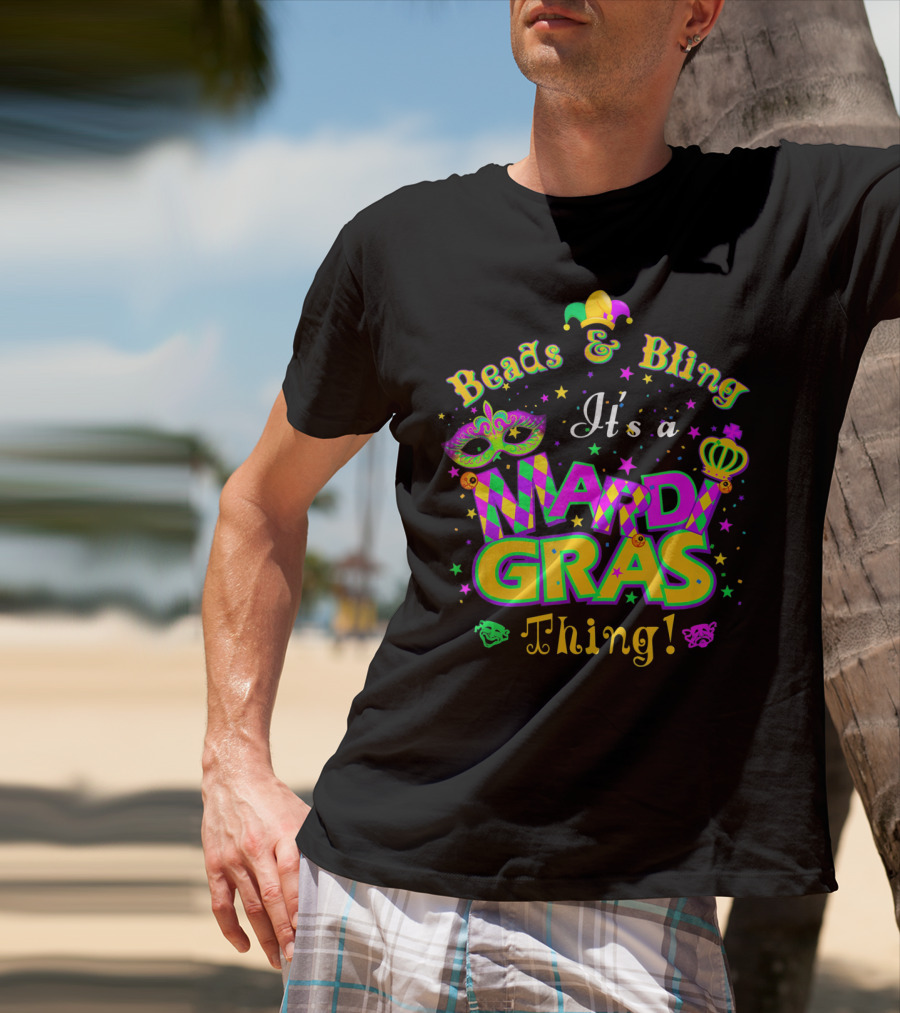 Beads And Bling It's A Mardi Gras Thing Mask Jester Crown Stars T-Shirt