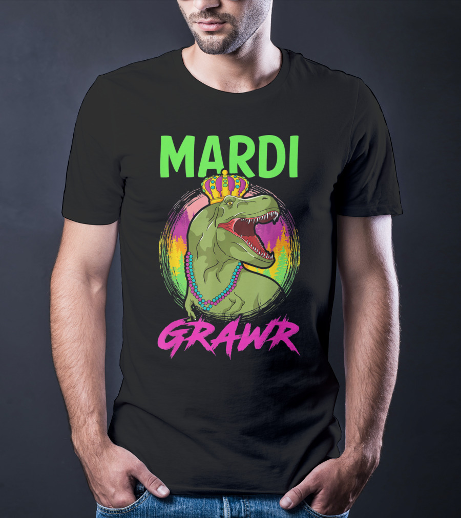 Mardi Grawr Rex Dinosaur In Beads And Crown With Rainbow Sunset T-Shirt