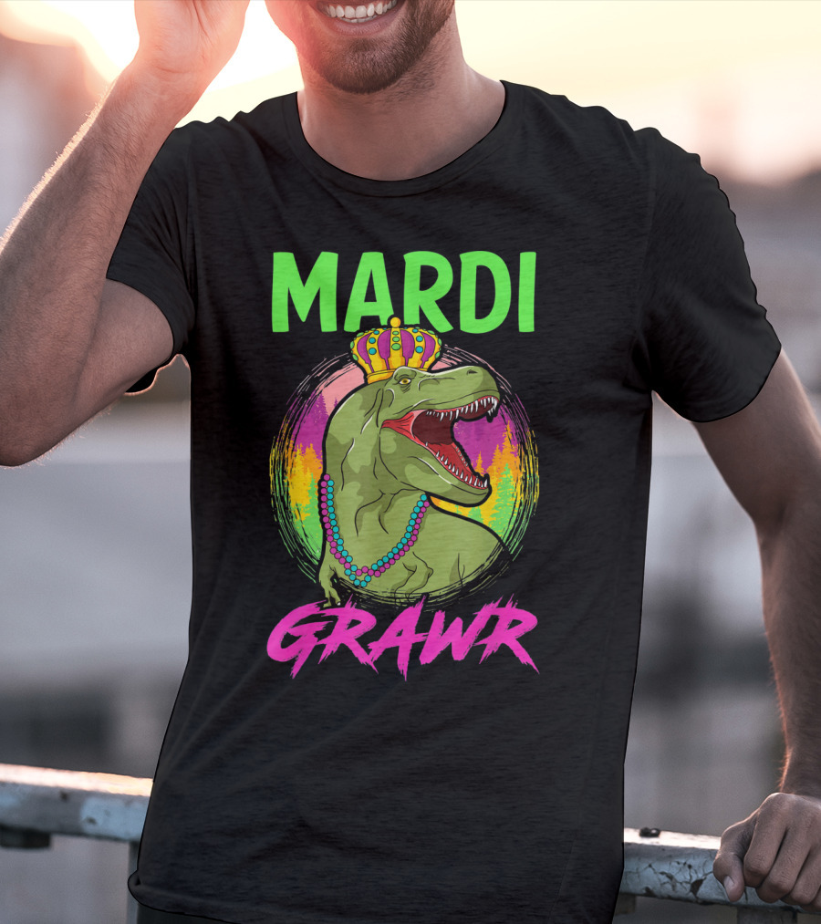 Mardi Grawr Rex Dinosaur In Beads And Crown With Rainbow Sunset T-Shirt