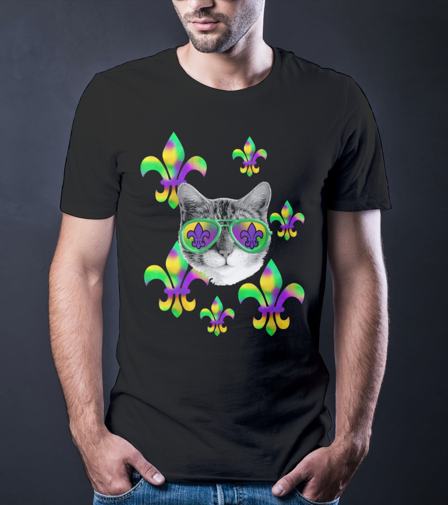 Mardi Gras Cat Wearing Tie Dye Fleur De Lis Sunglasses T-Shirt