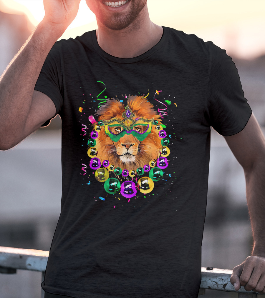 Mask And Beads Lion Mardi Gras Celebration With Colorful Confetti And Streamers T-Shirt