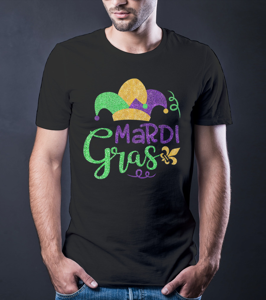 Mardi Gras Jester Hat Glitter Design Fleur-de-Lis T-Shirt