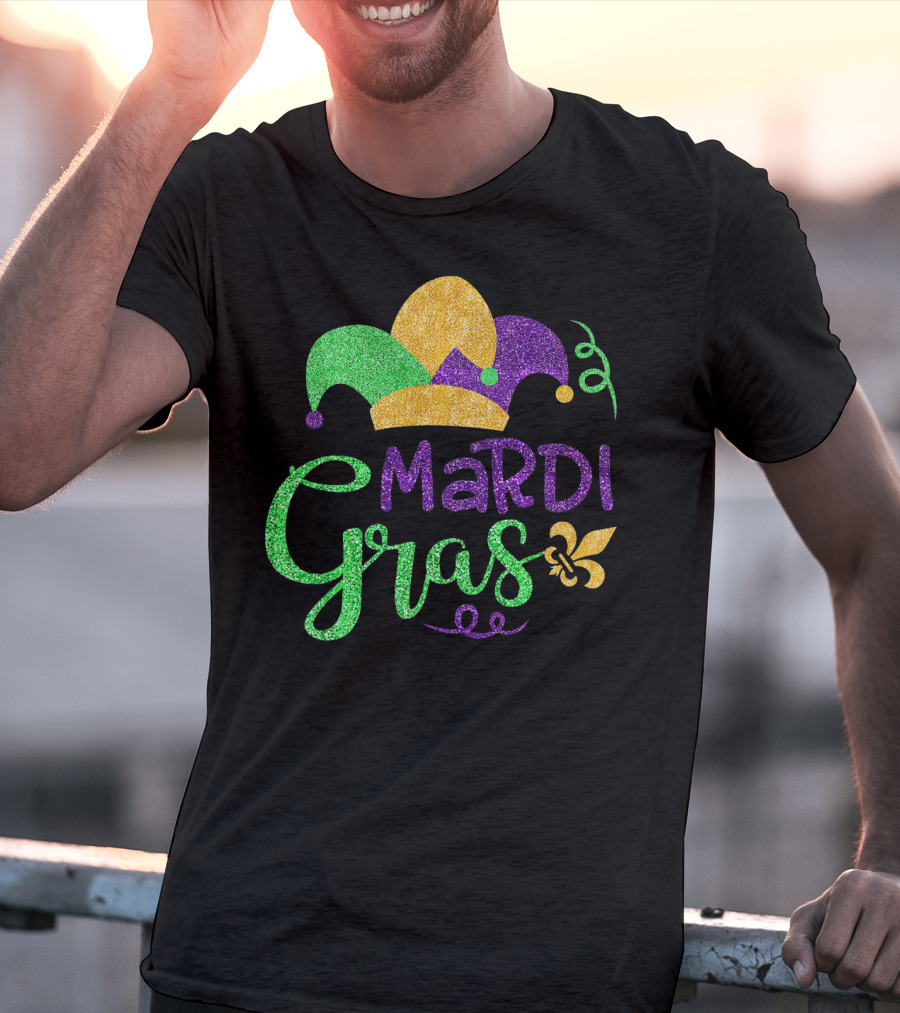 Mardi Gras Jester Hat Glitter Design Fleur-de-Lis T-Shirt