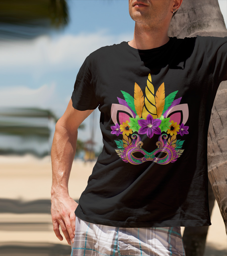 Mardi Gras Unicorn Mask With Flowers And Feathers T-Shirt