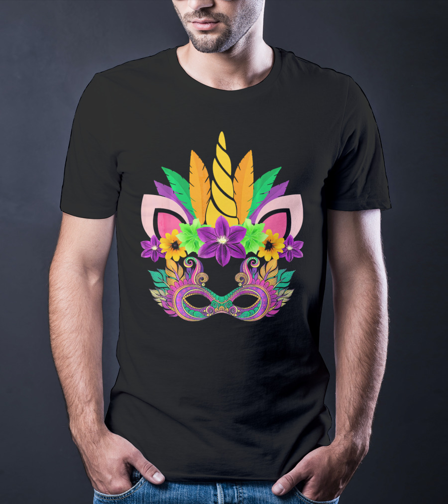 Mardi Gras Unicorn Mask With Flowers And Feathers T-Shirt
