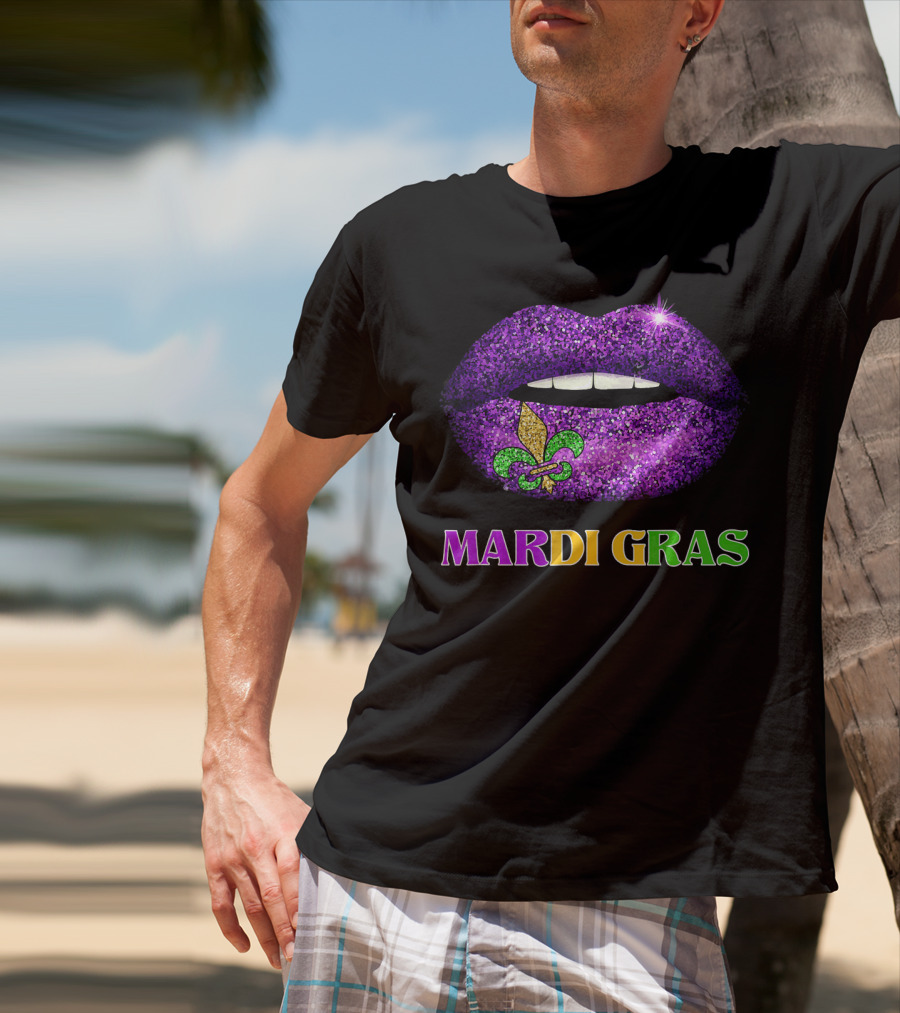 Mardi Gras Purple Lips Fleur-de-Lis Costume T-Shirt
