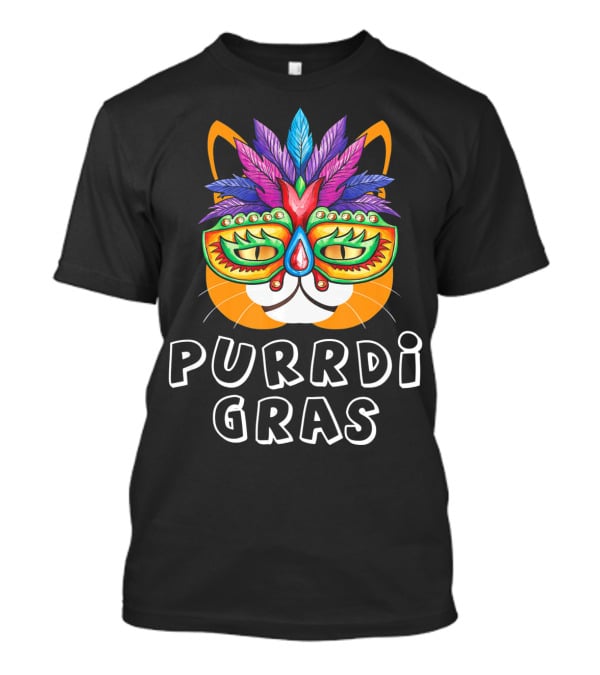 Purrdi Gras Funny Cat Mardi Gras Mask Feathers T-Shirt