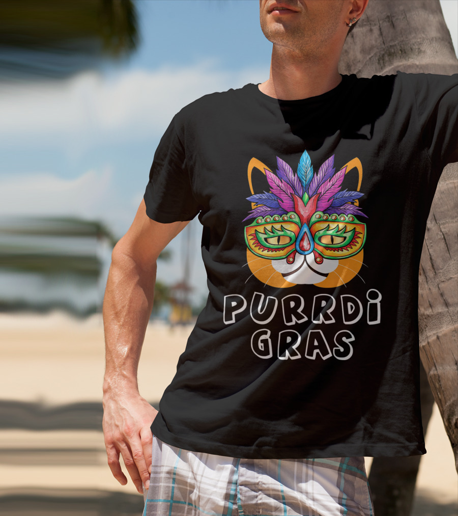 Purrdi Gras Funny Cat Mardi Gras Mask Feathers T-Shirt