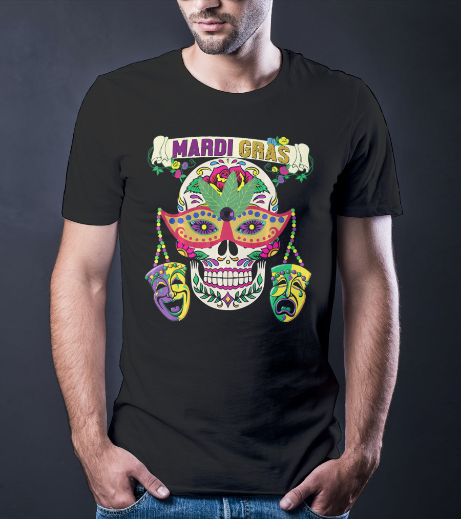 MARDI GRAS Skull Mask Comedy Tragedy New Orlea T-Shirt