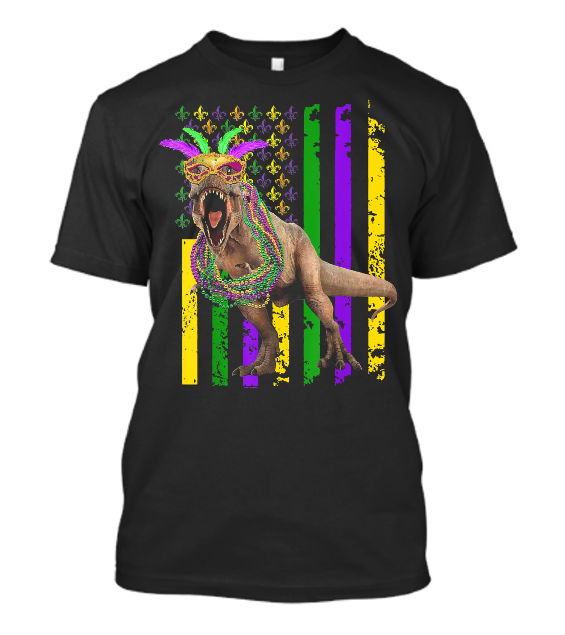 Dinosaur Mardi Gras American Flag Fleur De Lis Feathers Beads T-Shirt