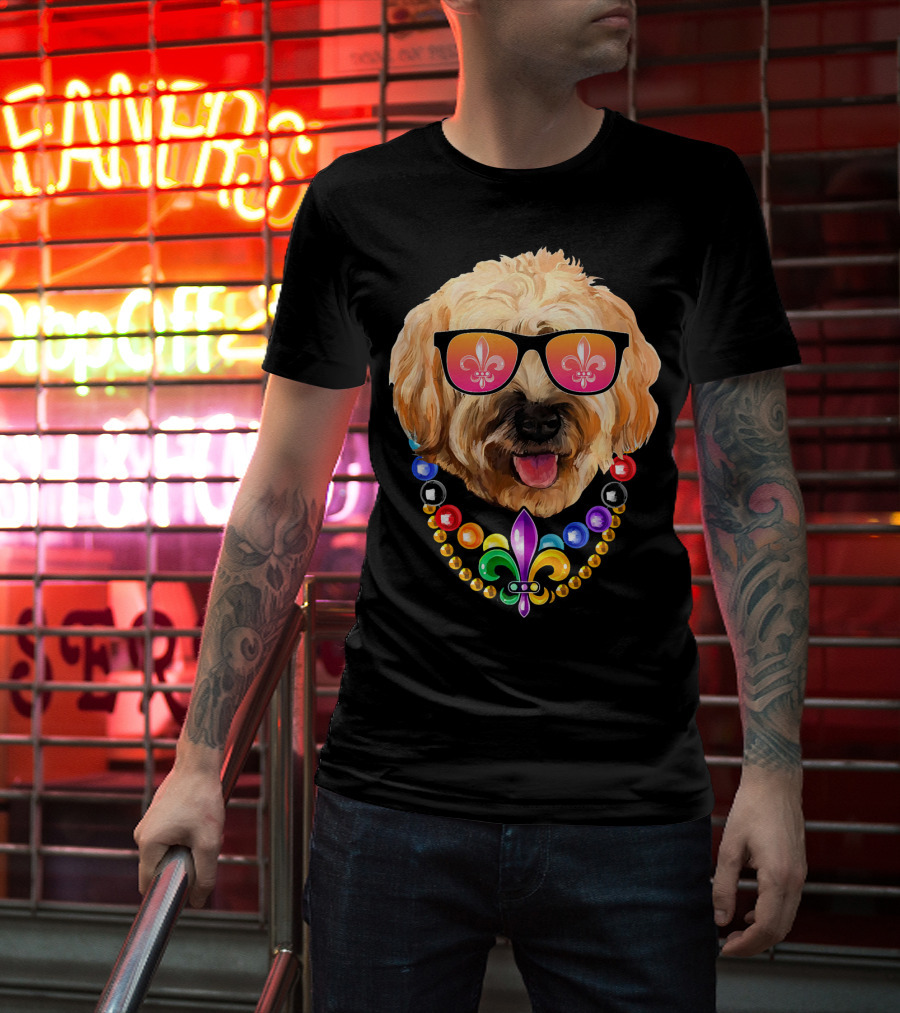 Goldendoodle Mardi Gras Beads Sunglasses Fleur-de-Lis T-Shirt