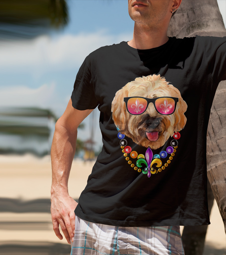 Goldendoodle Mardi Gras Beads Sunglasses Fleur-de-Lis T-Shirt